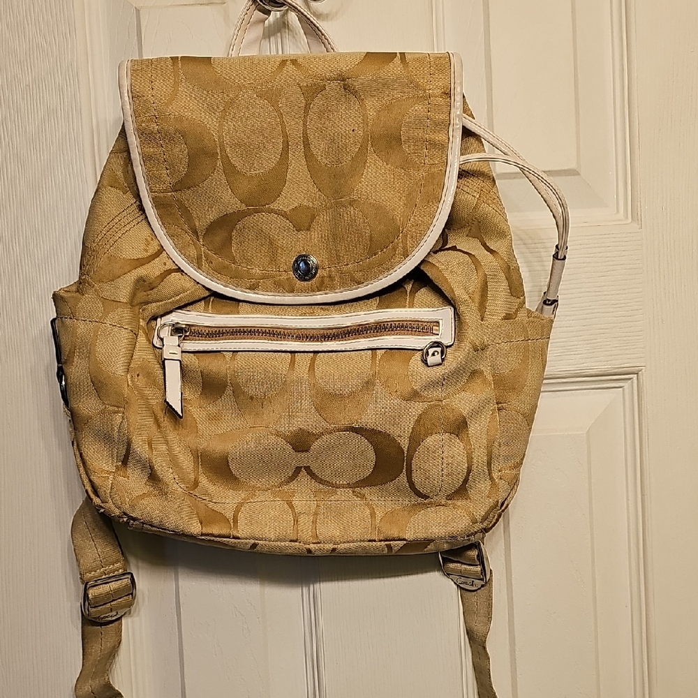 Coach Signature Beige Canvas Drawstring Backpack